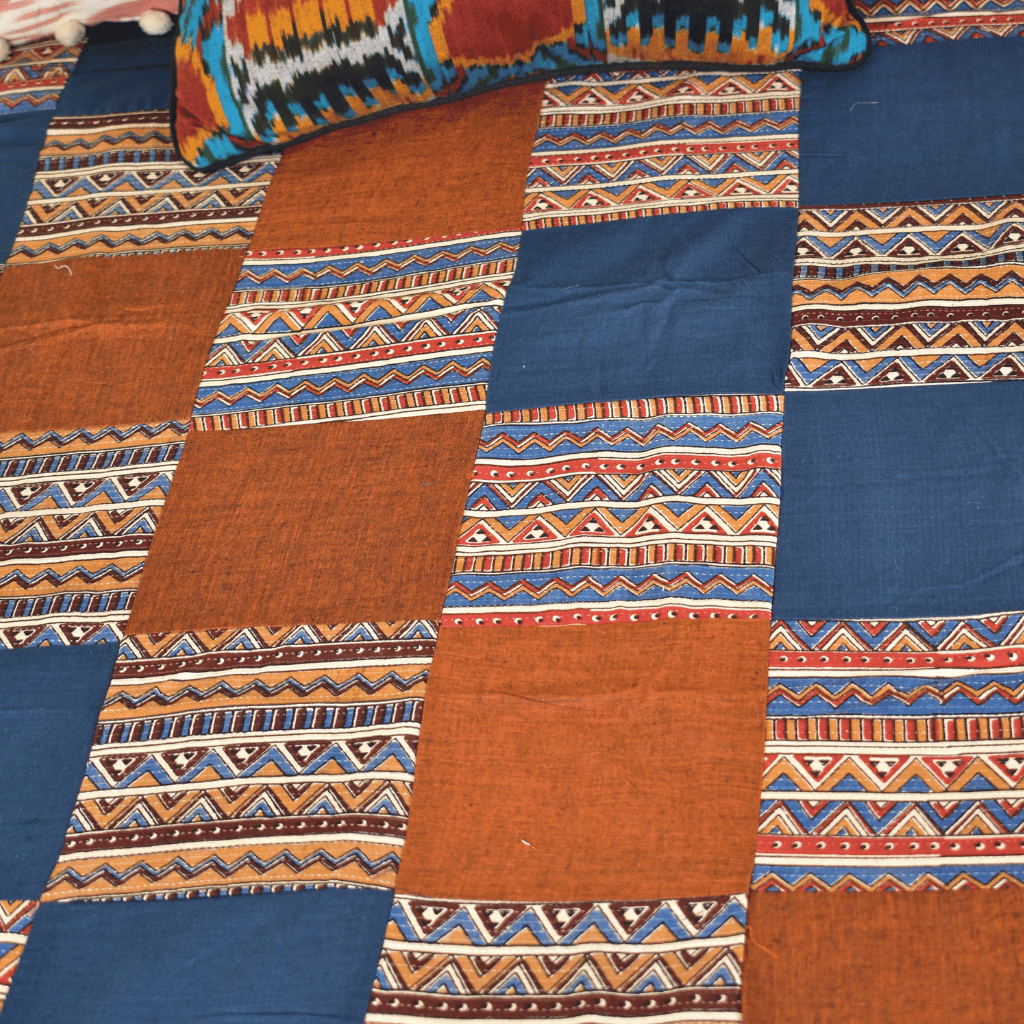 Kalamkari Patchwork Double Bedcover in Blue
