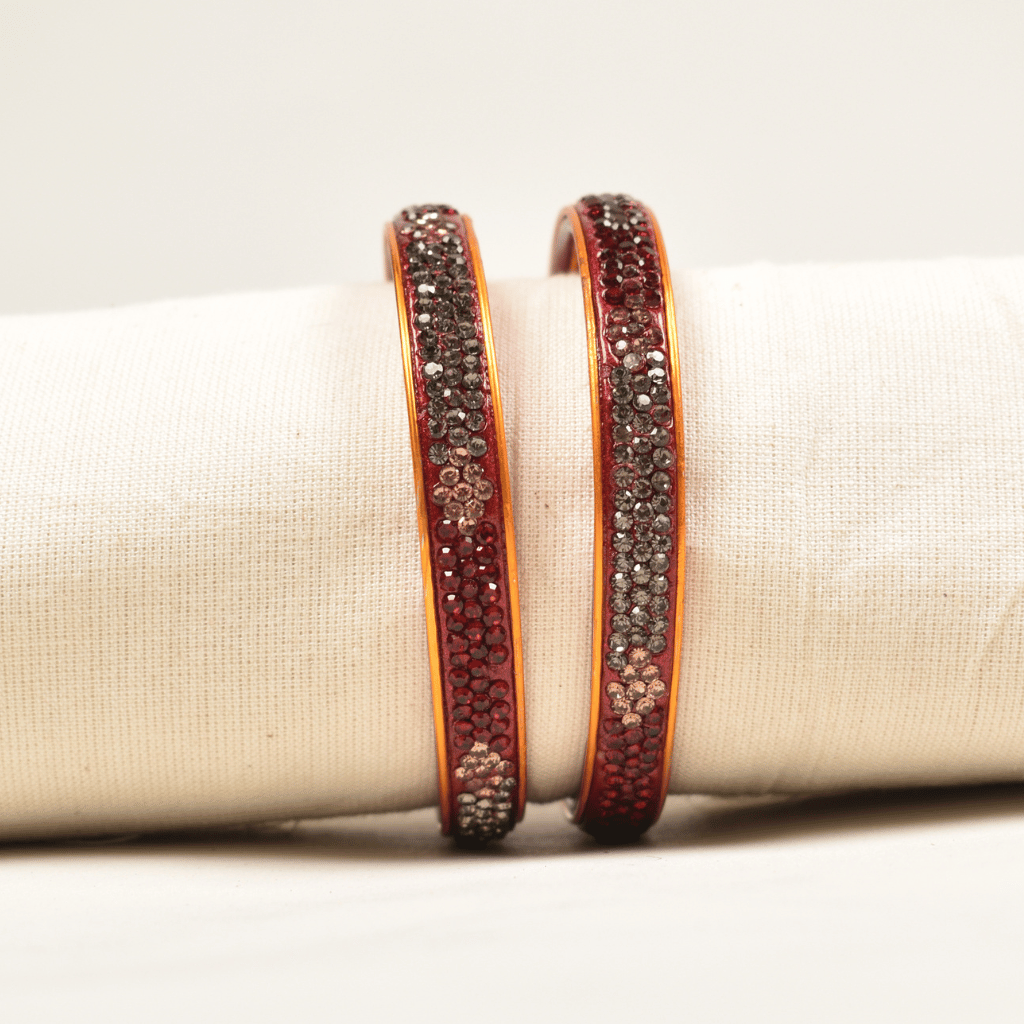 Pair of red & black 3 line stoned lac bangles - traditional