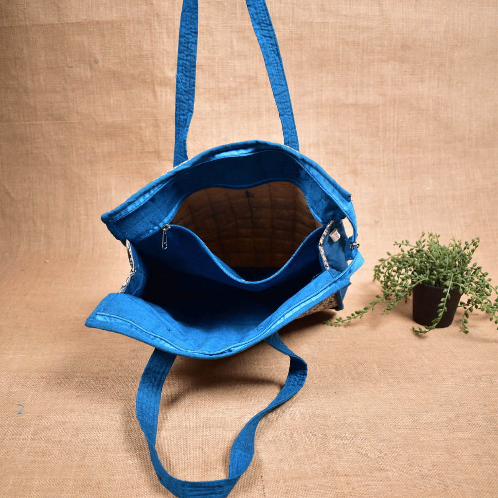 Sky Blue Kalamkari Quilted Tote Bag - inside