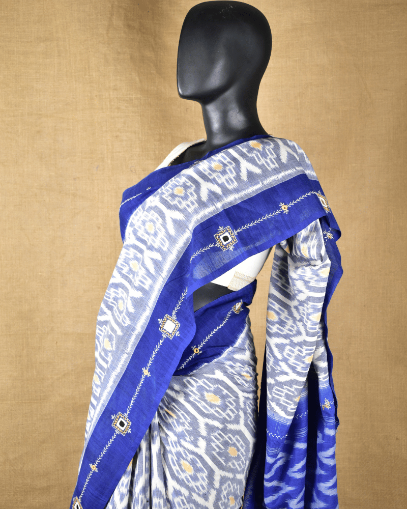 Grey ikat saree with hand embroidery