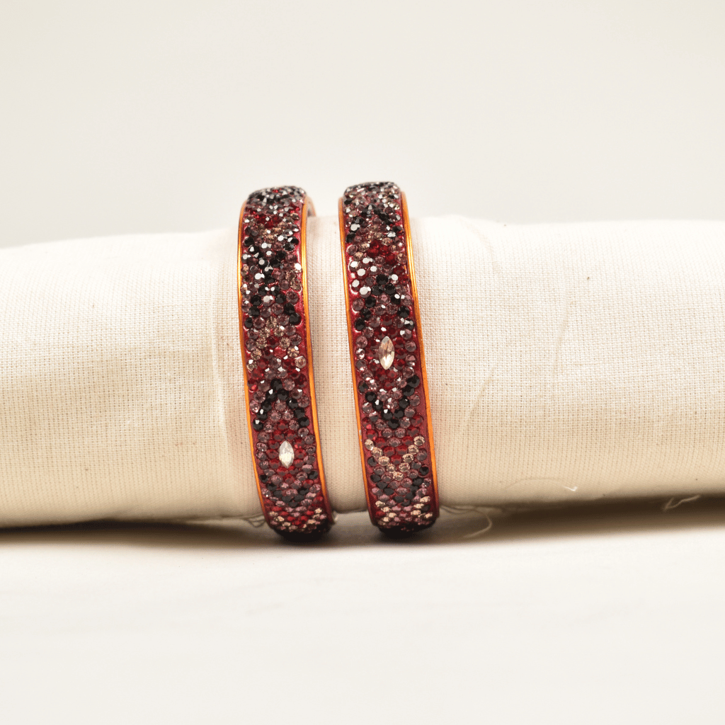 Pair of maroon & pink 5 line stoned lac bangles - Traditional