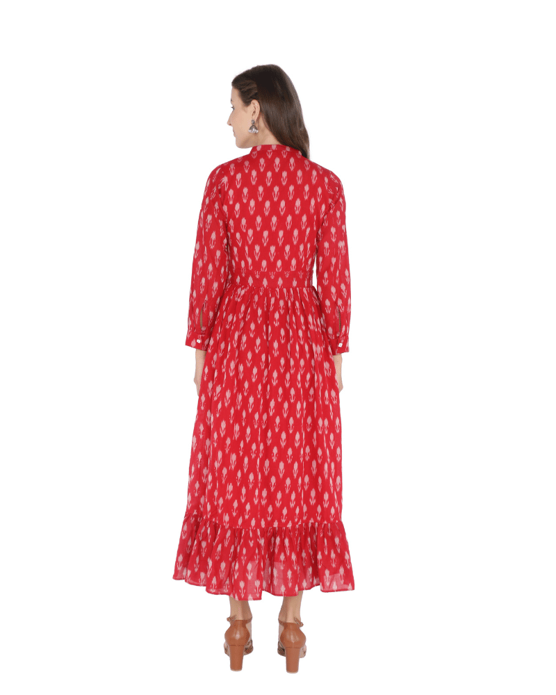 Red Ikat Printed Maxi Dress with Full Sleeves