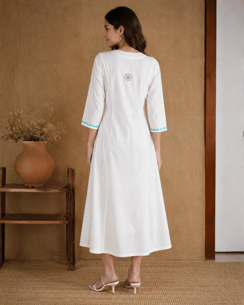 White Cotton Dress with Applique Work - back
