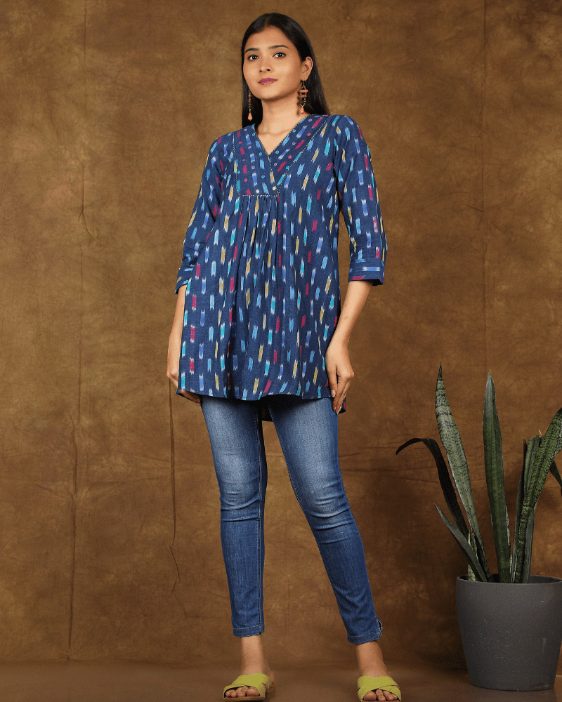 Embroidery indigo blue ikat tunic - v neck