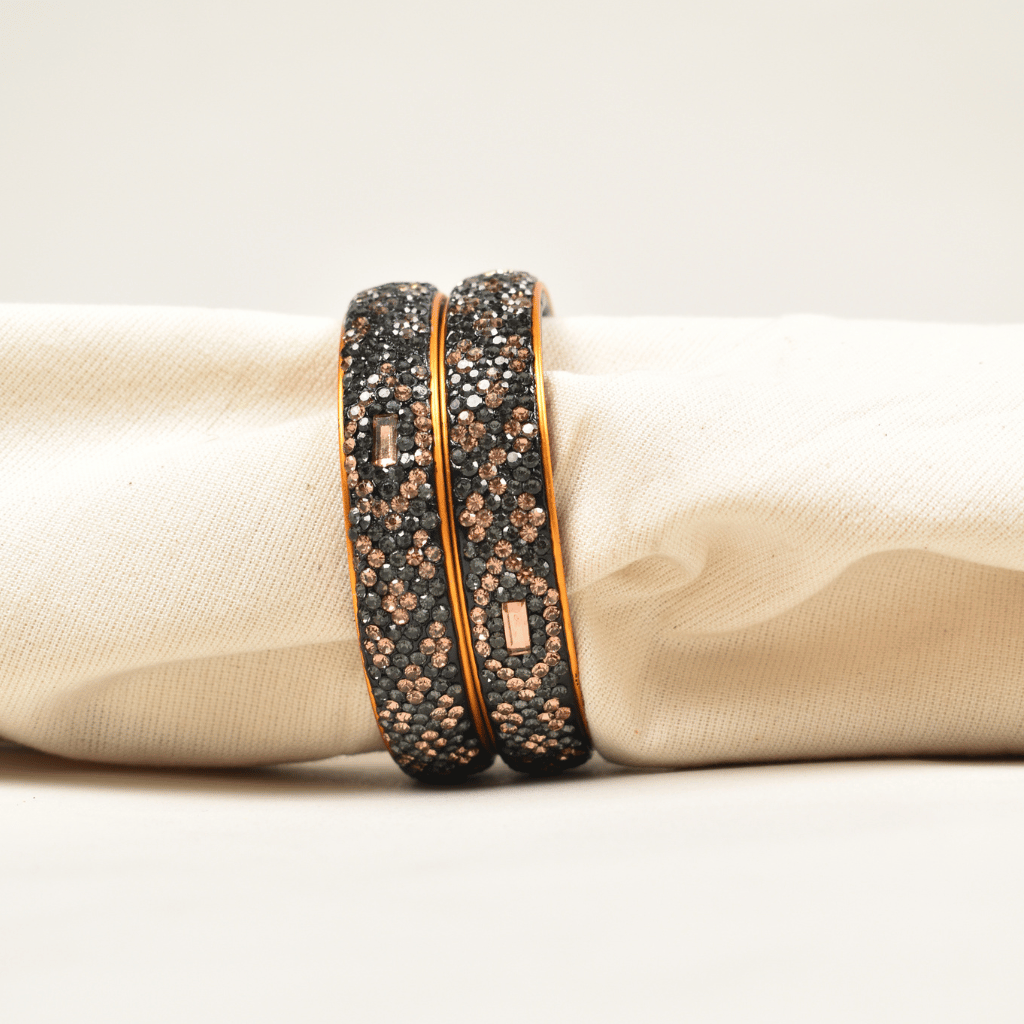 Pair of Black & Gold 5 line stoned lac bangles - traditional