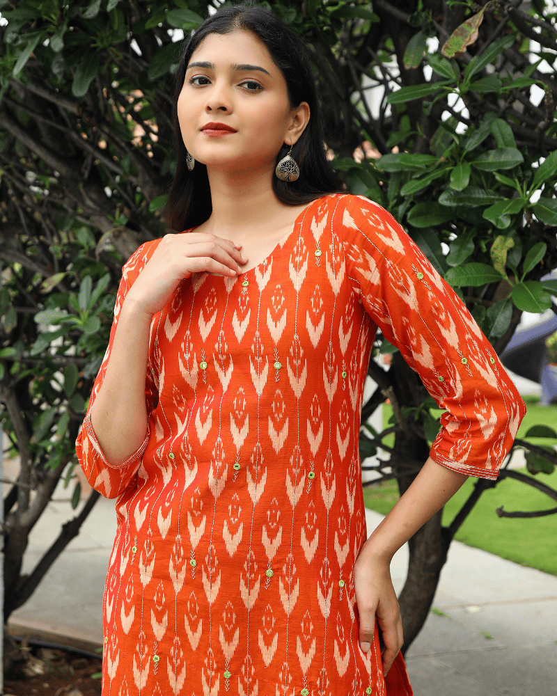 Hand Embroidery Orange ikat silk kurta - sleeves