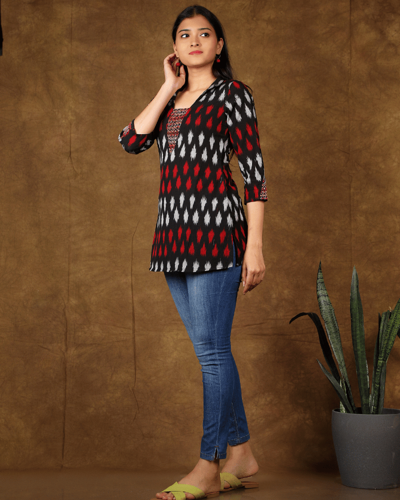 Red & Black ikat Embroidery tunic - top