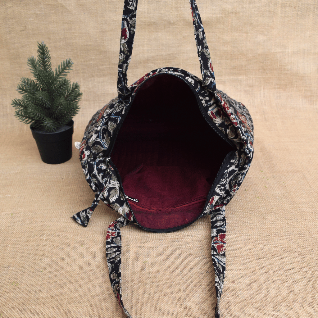 Black kalamkari Quilted tote bag - inside