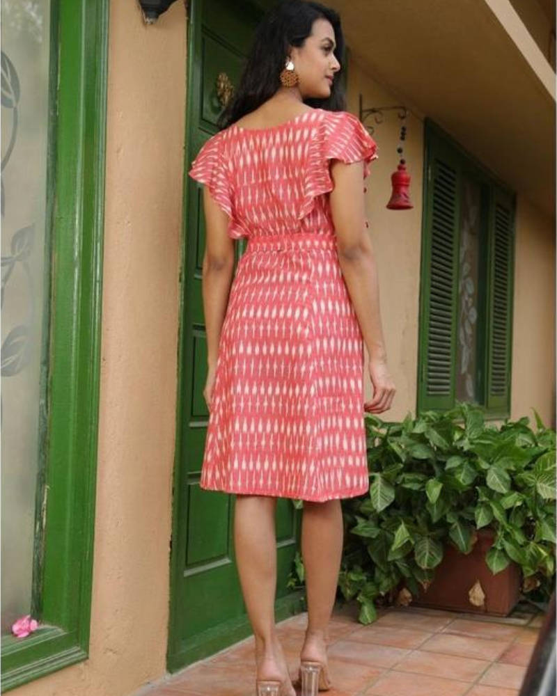 pink ikat short dress with frill design back view