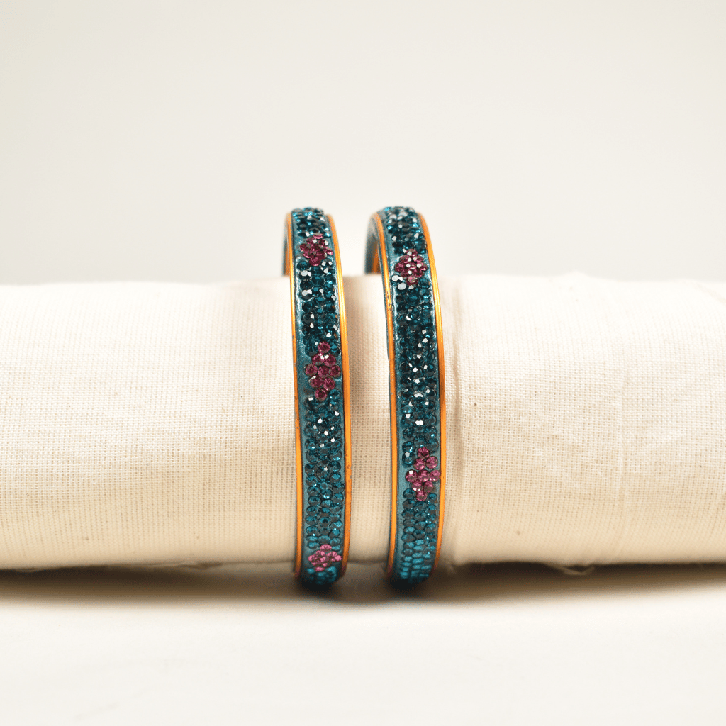 pair of blue & pink 3 line stones lac bangles - stones