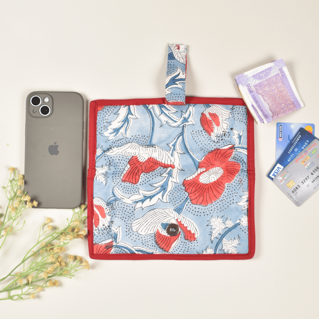Sky Blue kalamkari and jute ladies wallet