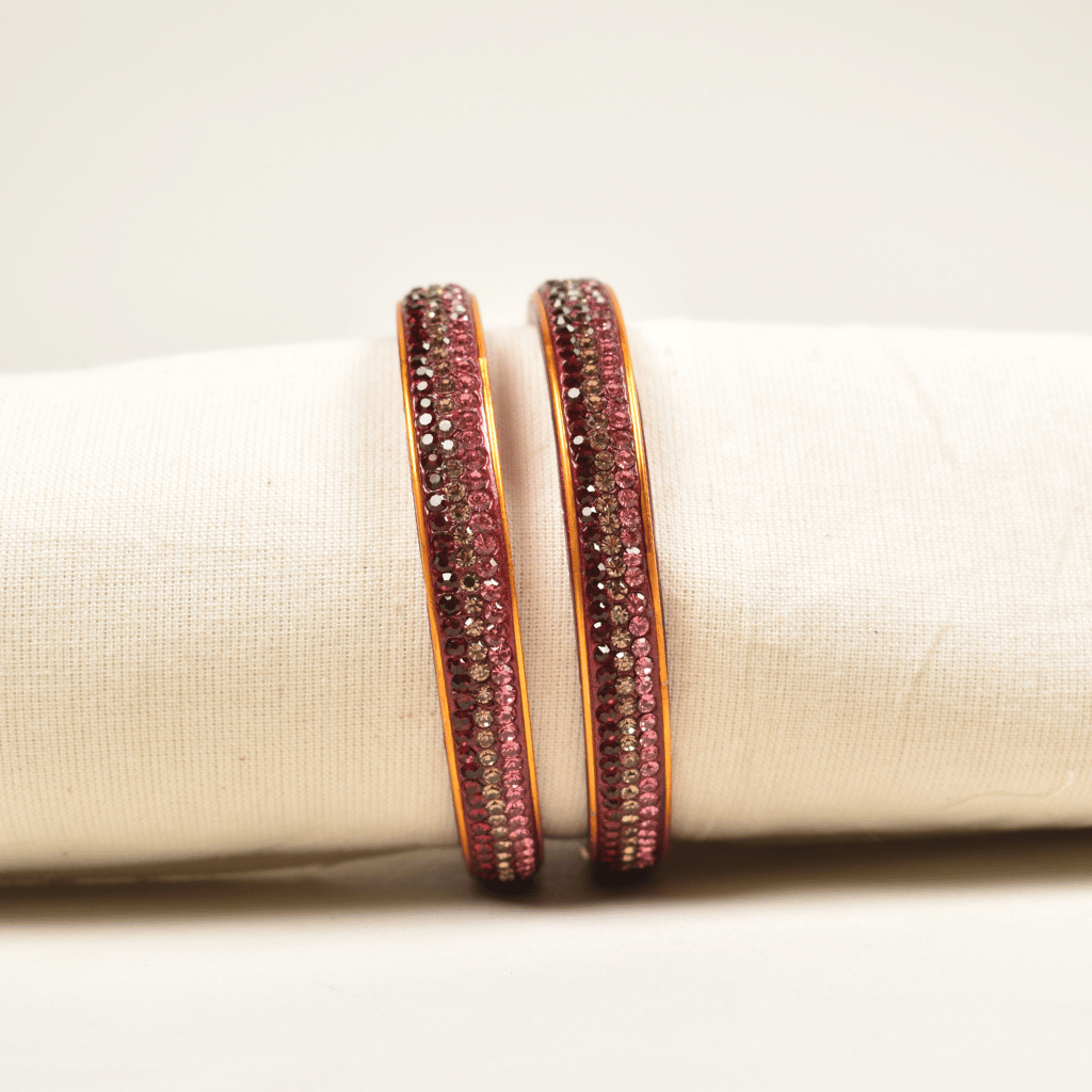 Pair of red & pink 3 line stoned lac bangles - Gold