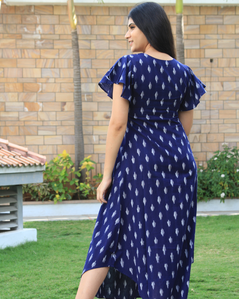 Blue Ikat Pleated Dress With Yoke