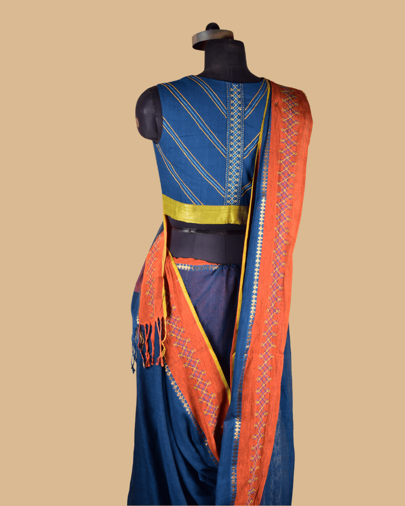 Blue Cotton Saree with Hand Embroidery
