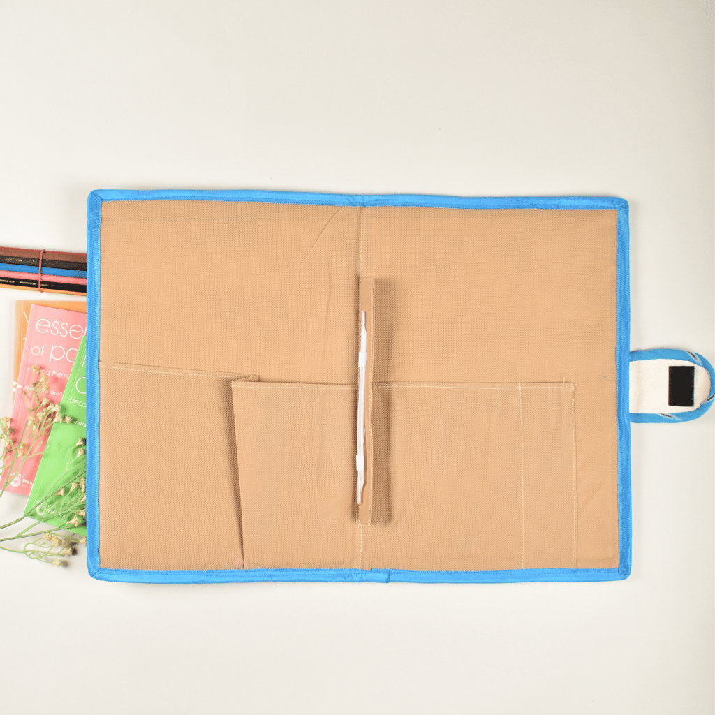 Simple natural jute file folder with a velcro tab and blue piping - inside