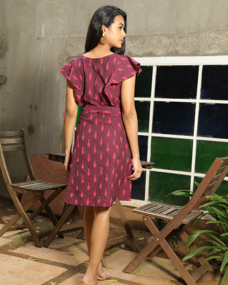 Purple ikat short dress with a frill design back view