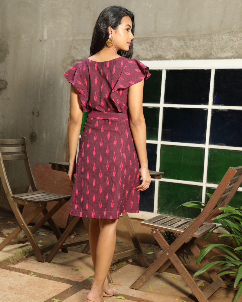 Purple ikat short dress with a frill design