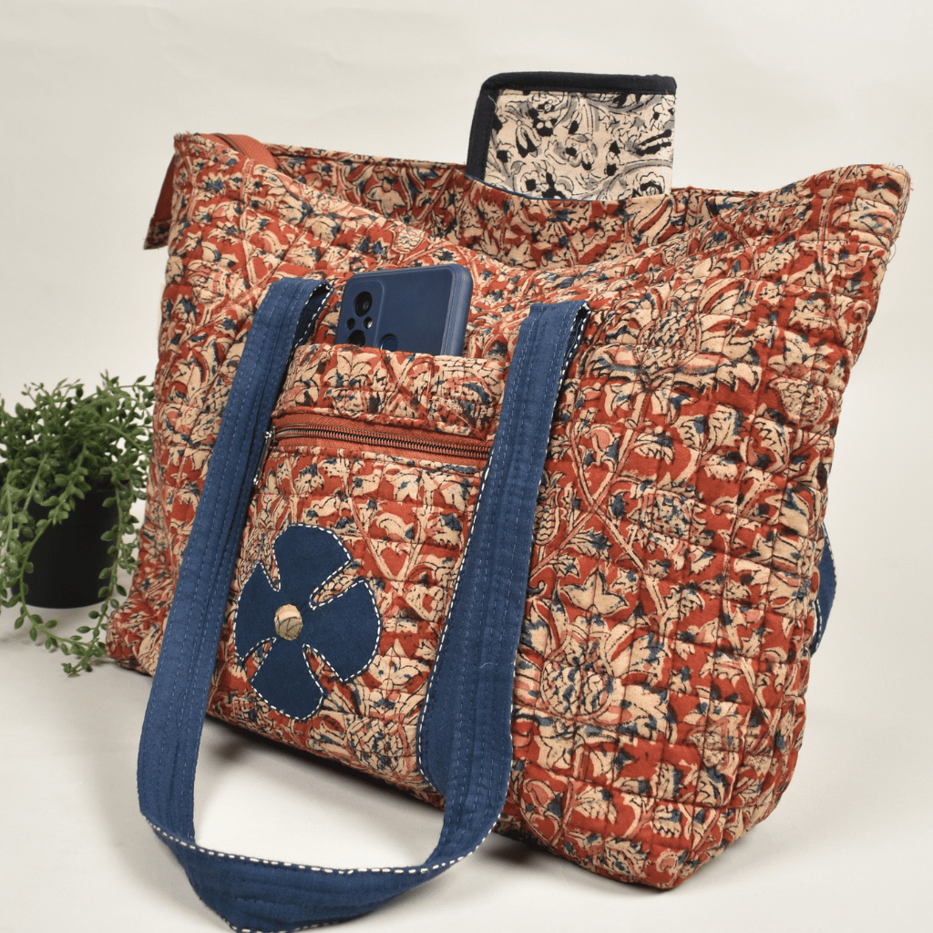 Quilted Red Kalamkari Large Tote Bag - pockets