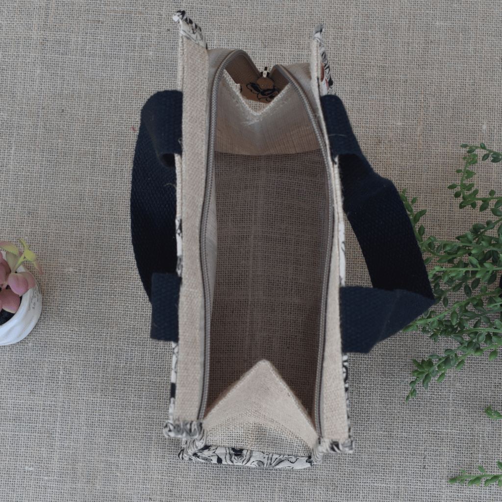 Black kalamkari and jute lunch bag