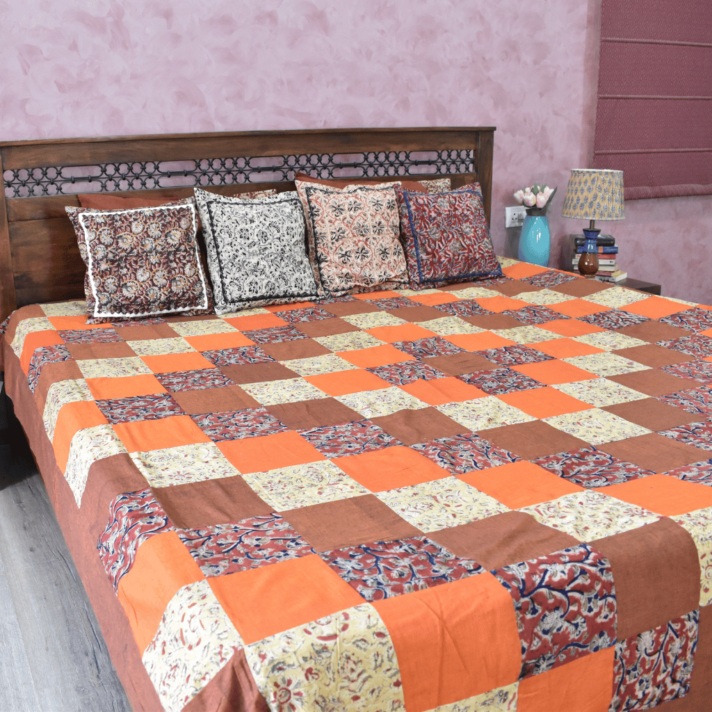 Kalamkari Patchwork Double Bedcover in Rust