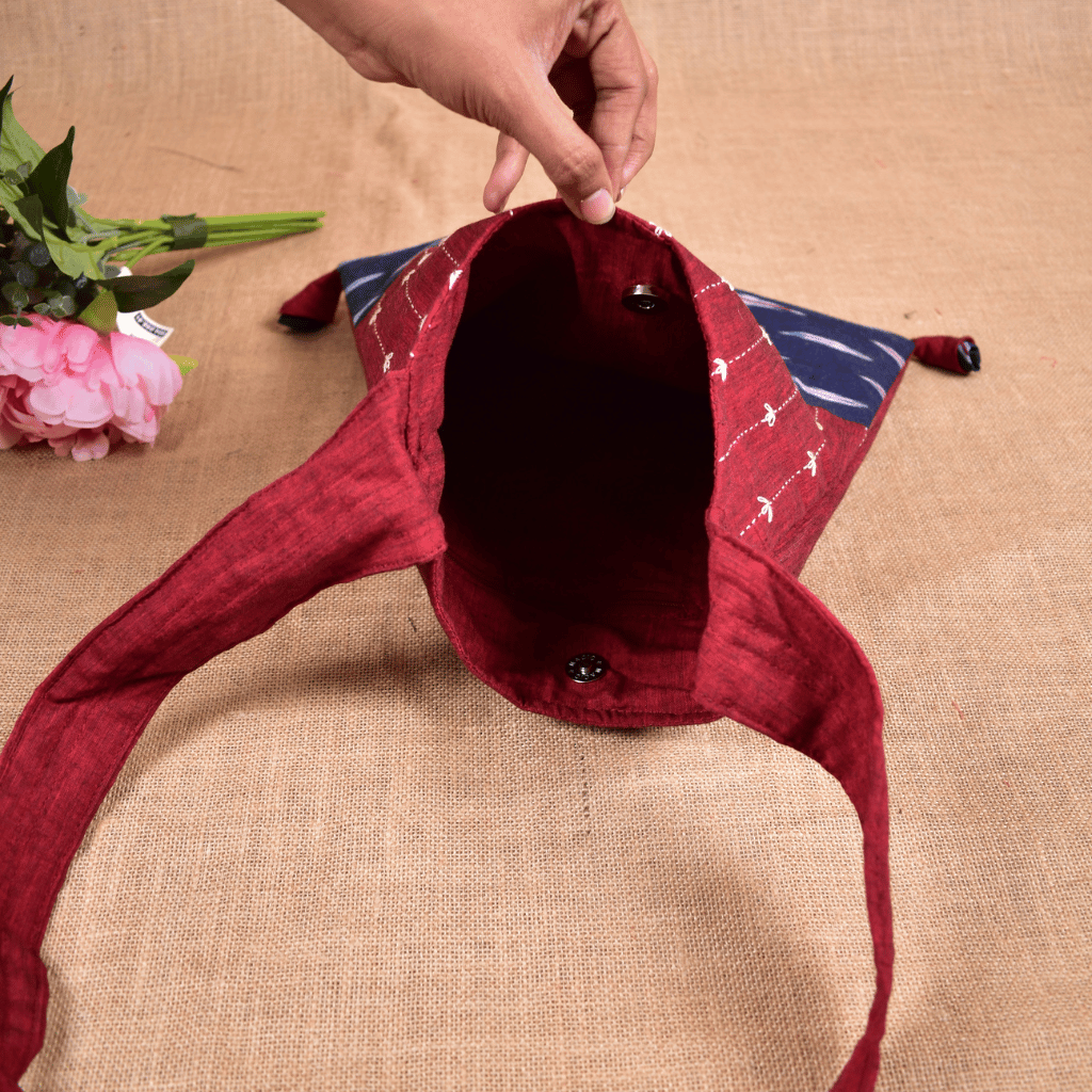 Maroon and Blue Ikat sling bag with hand embroidery - inside