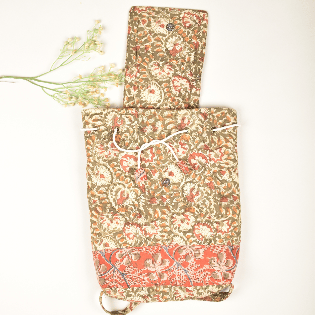 Green Kalamkari Backpack - drawstring