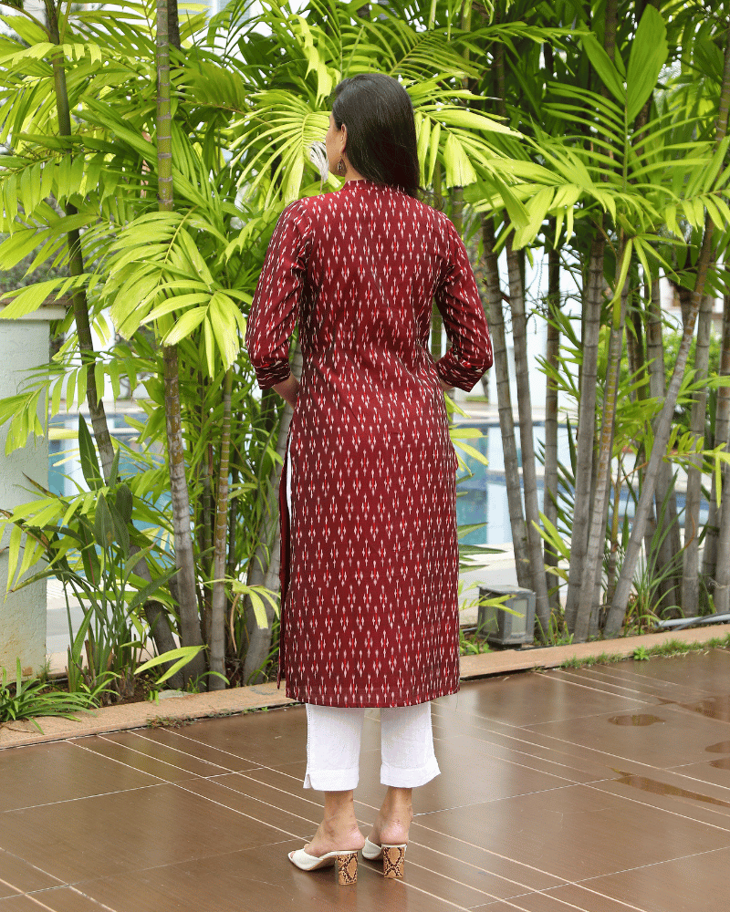 Maroon Women’s Mercerized Ikat Straight Kurta - back