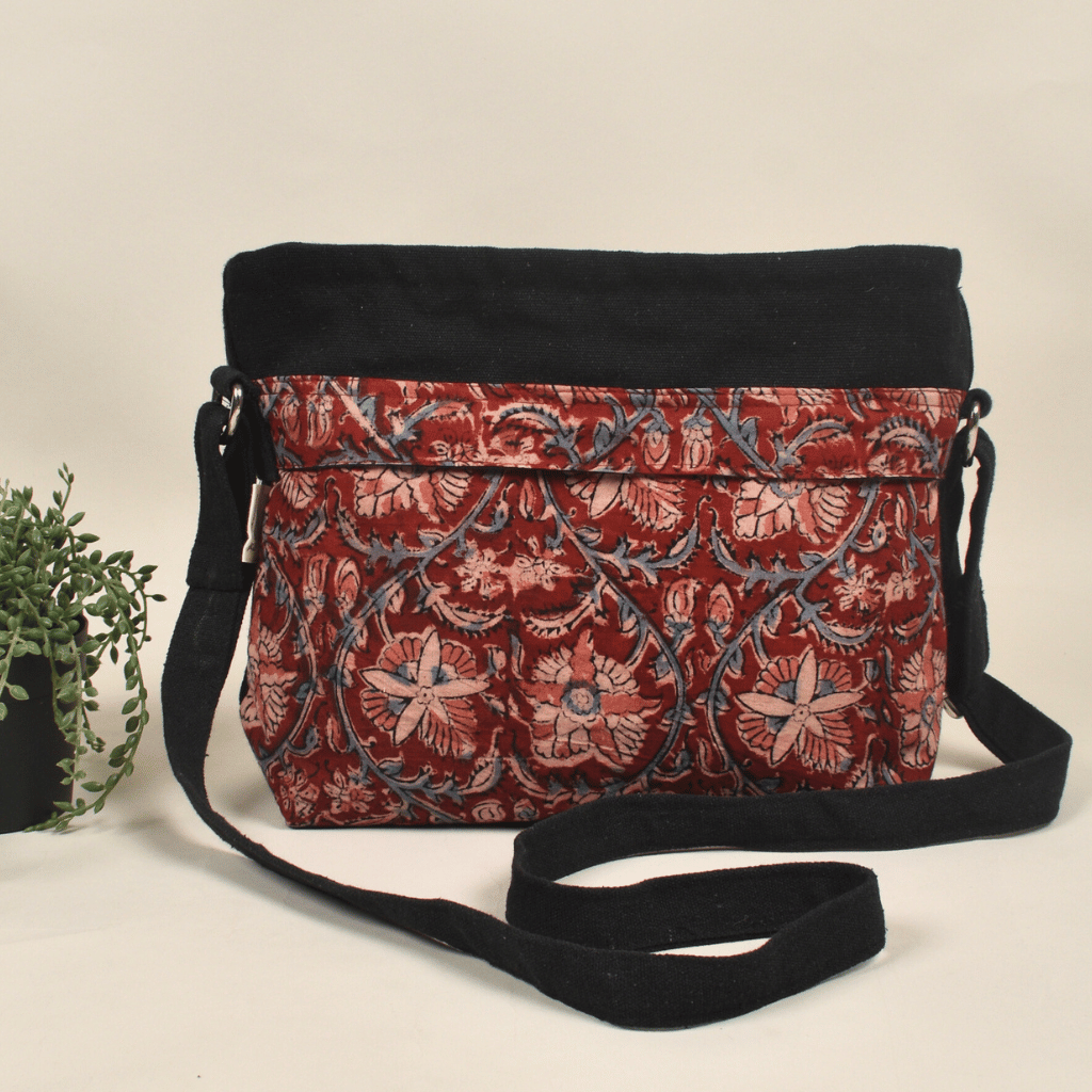 Red kalamkari & canvas multi pocket sling bag - back