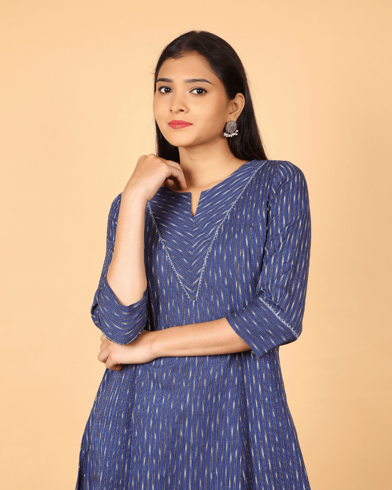 A line Blue Ikat Cotton Kurta with Pleated V Yoke - sleeves