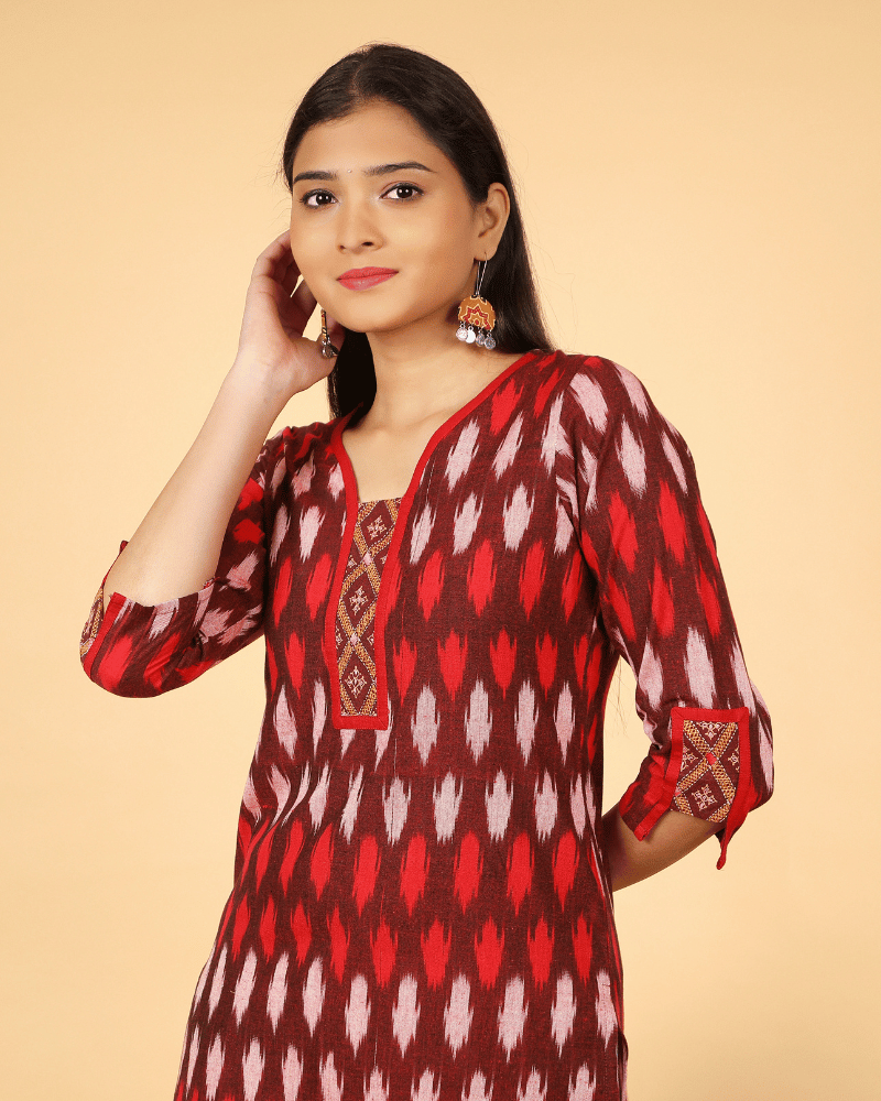 Straight Kurta in Red Ikat Cotton - sleeves