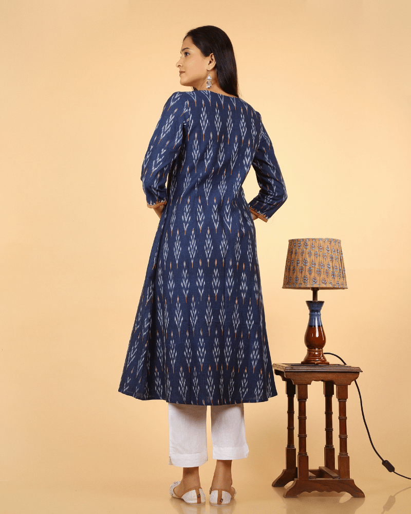 Navy Blue Triangle Embroidery Ikat Kurta - back
