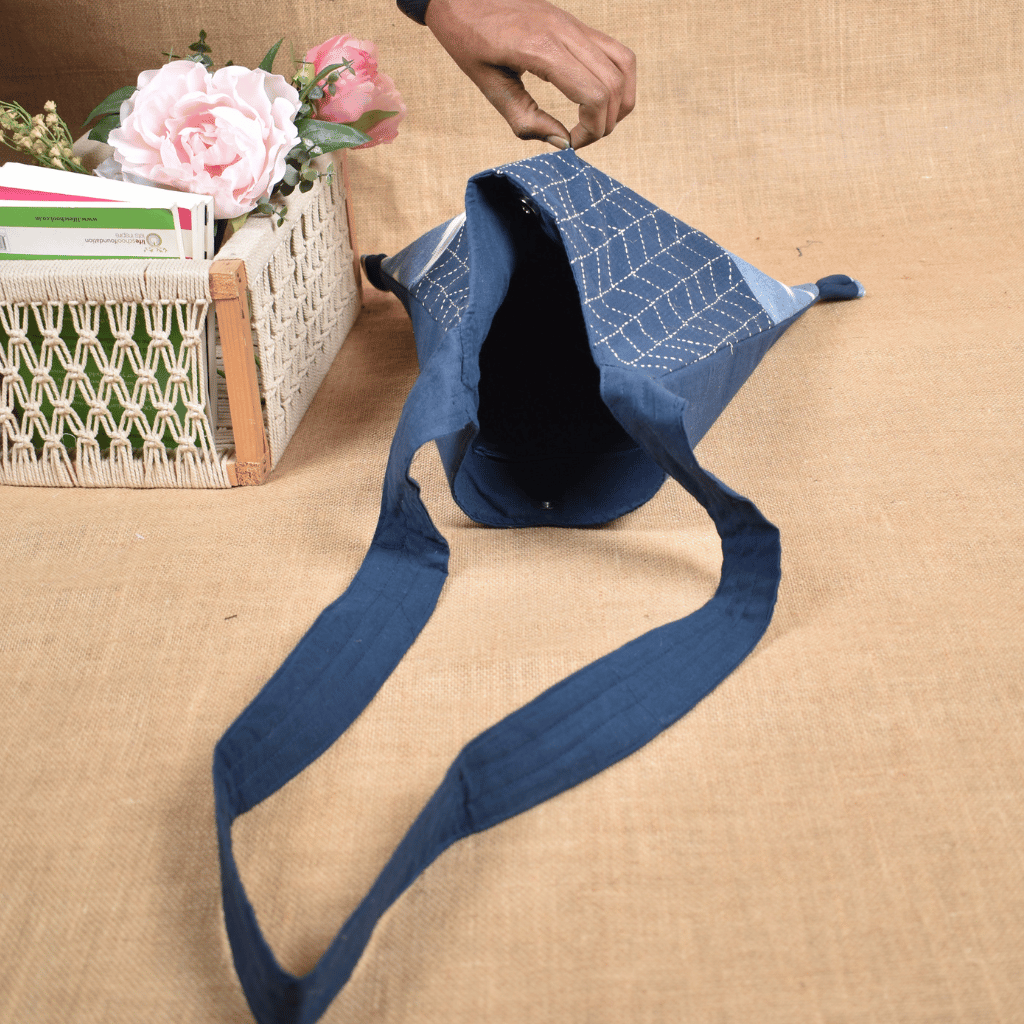 Blue and White Ikat sling bag with hand embroidery - Inside
