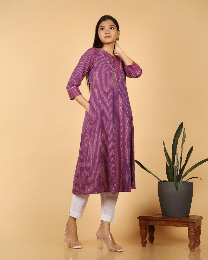 A line Purple Ikat Cotton Kurta with Pleated V Yoke - pocket