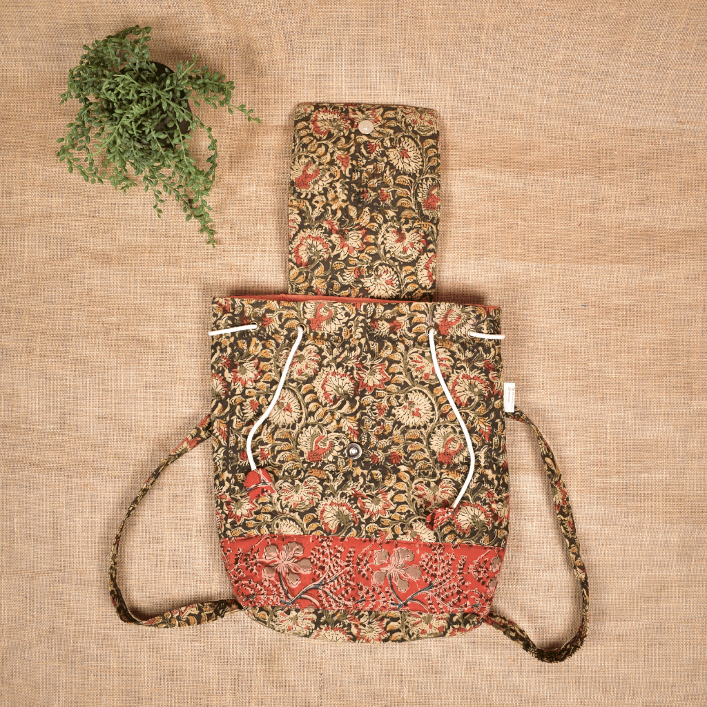 Quilted Green Kalamkari Backpack Bag - flap