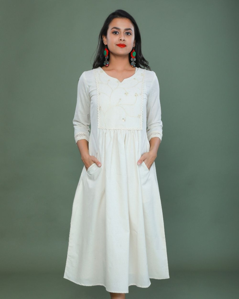 Mirror work dress in off white muslin front view