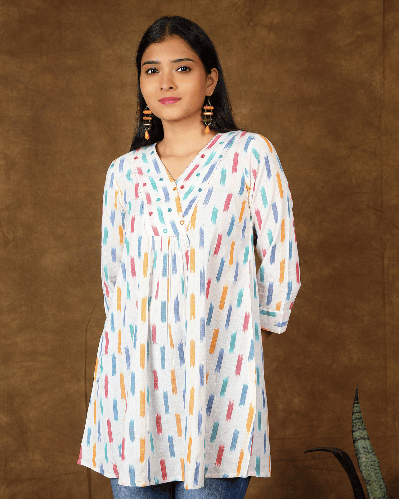 Embroidery white ikat tunic - front