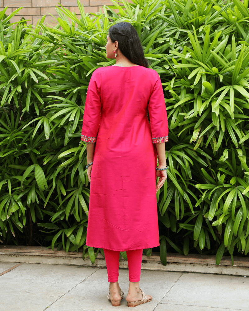 Pink Festive Embroidered Silk Kurta - back