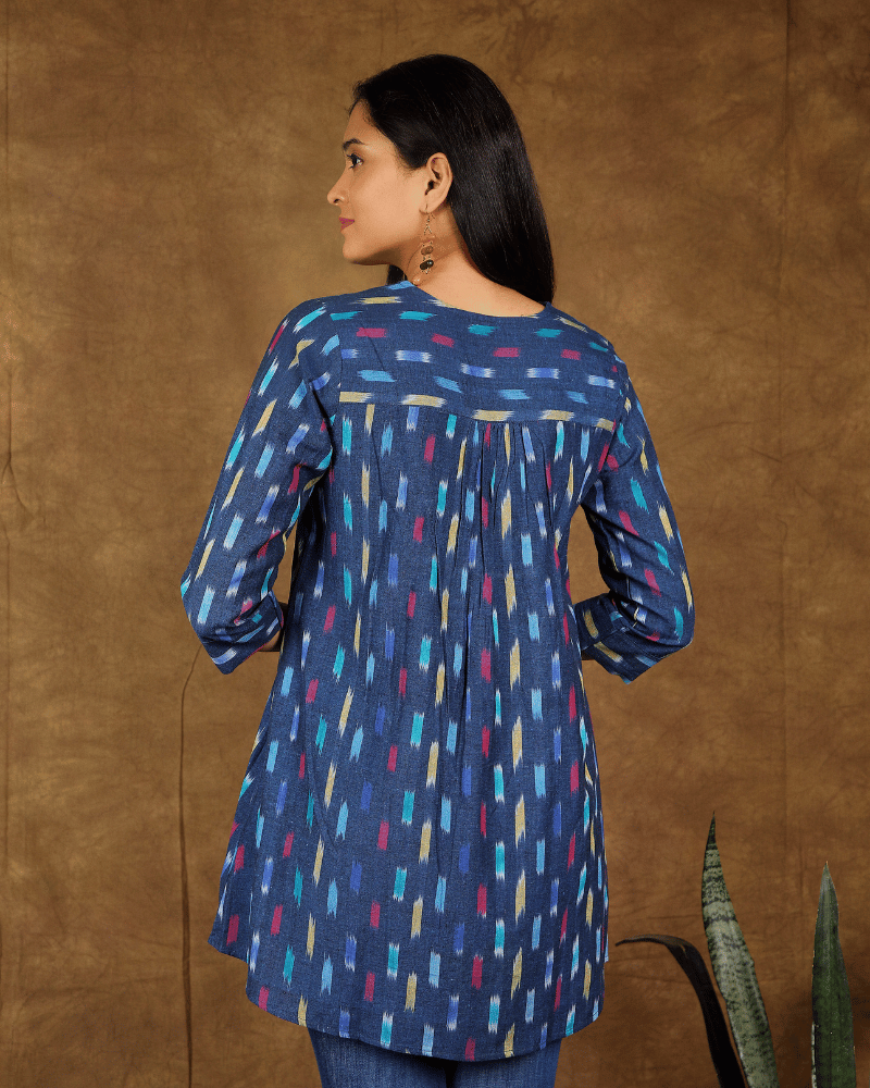 Embroidery indigo blue ikat tunic - back