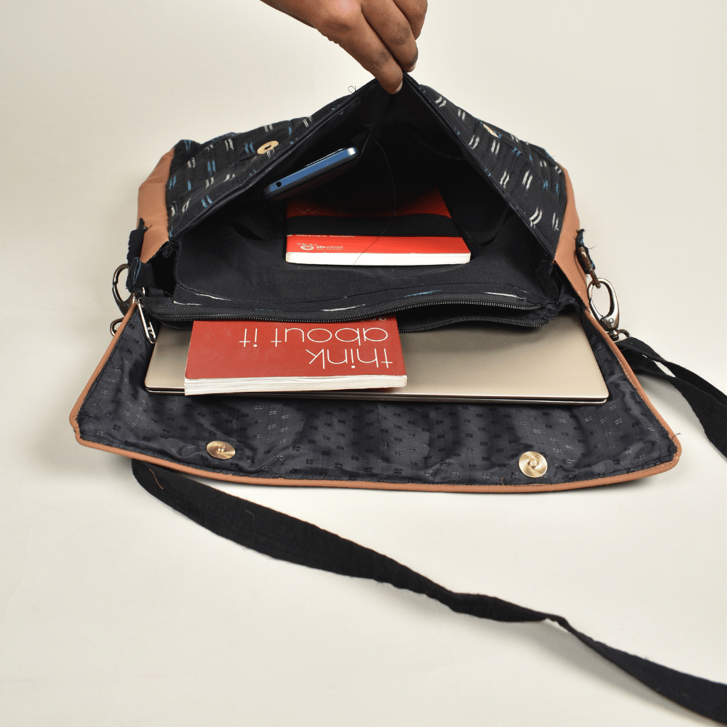 "Samarth" laptop bag in black ikat and faux leather - pockets