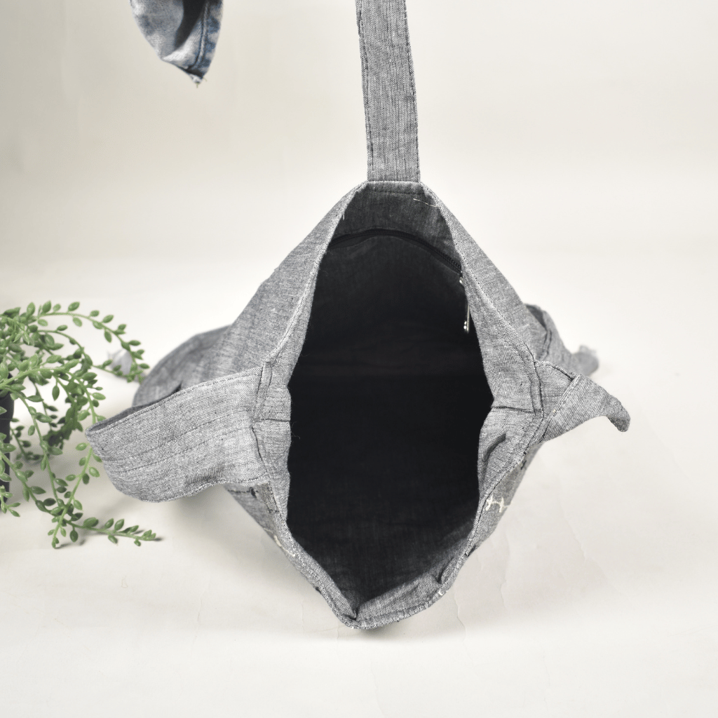 Grey Ikat sling bag with hand embroidery - inside