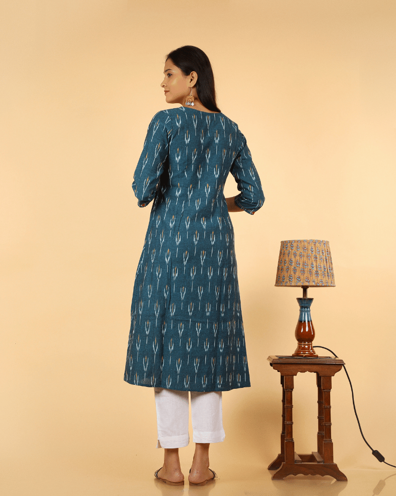 A symmetric Teal Blue Ikat Embroidery Kurta - back