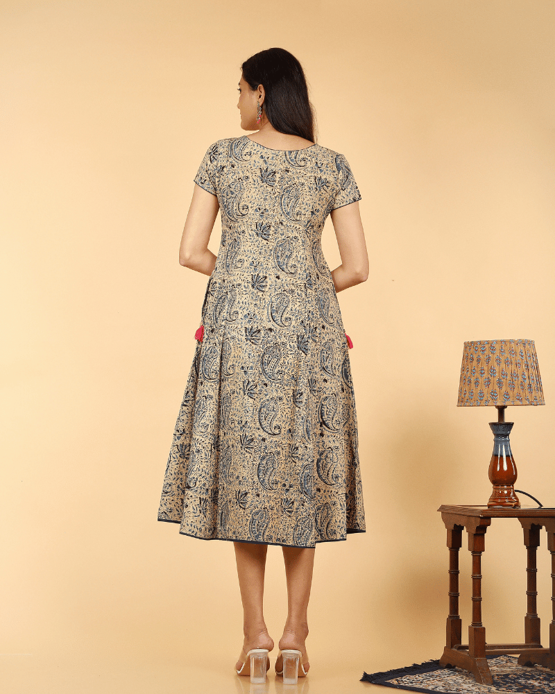 Blue Floral Kalamkari Dress With a Boat Neck and with sleeve