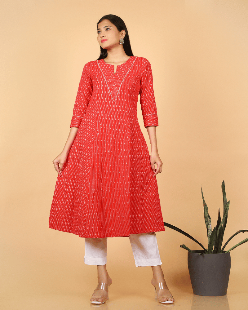 A line Red Ikat Cotton Kurta with Pleated V Yoke - Front