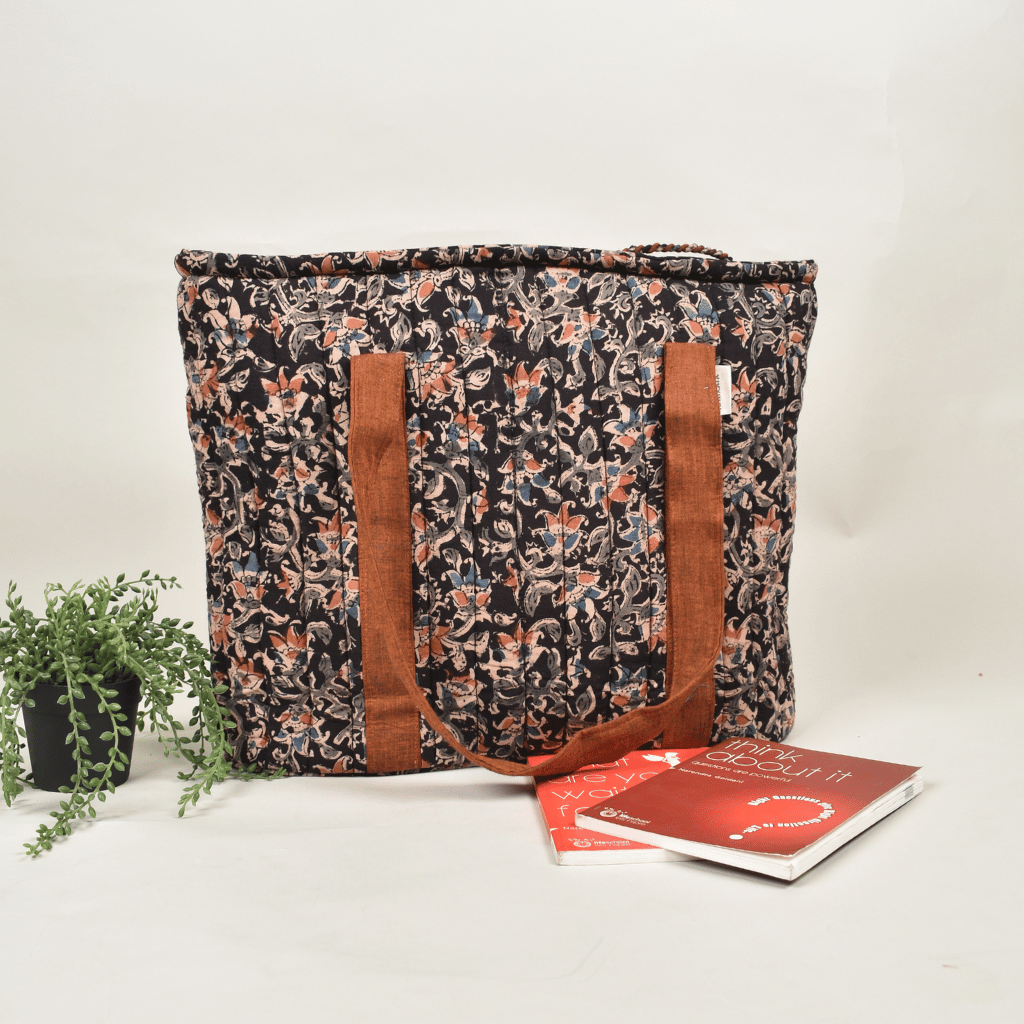 Black Kalamkari quilted ladies laptop bag or overnight travel bag