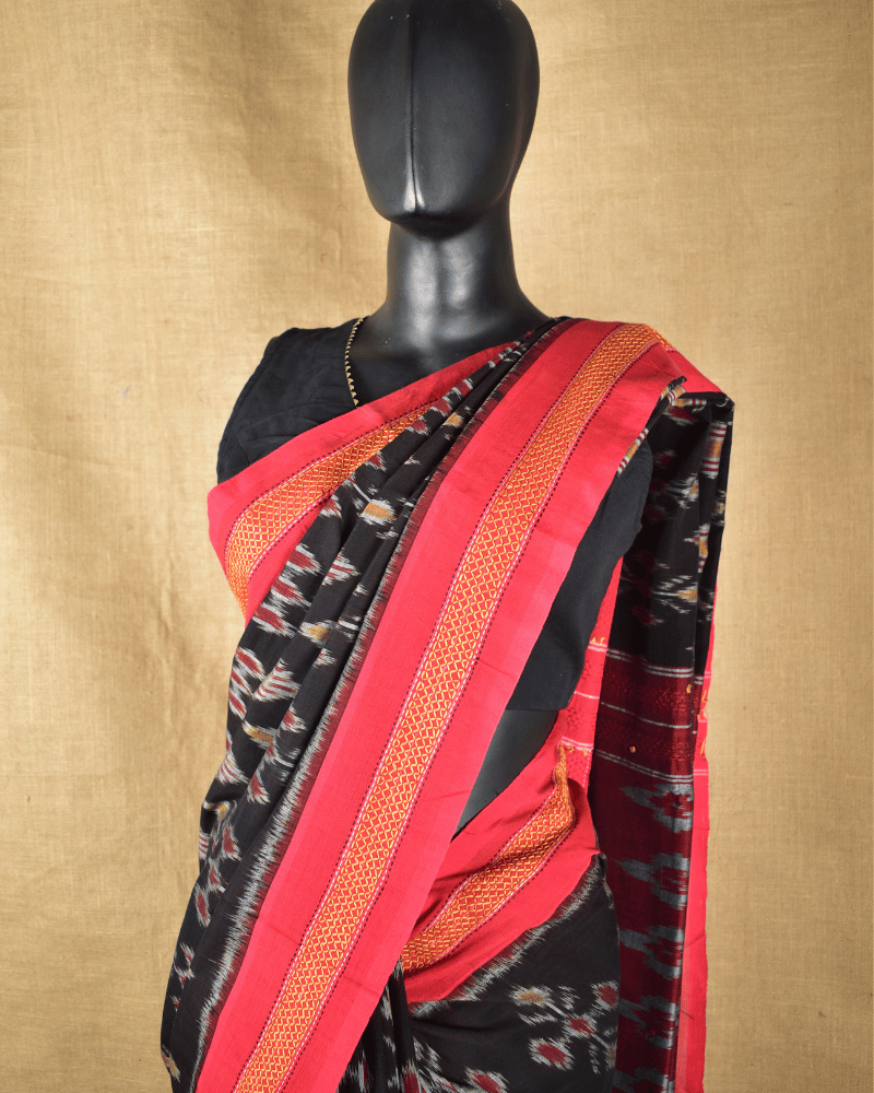 Black ikat saree with hand embroidery