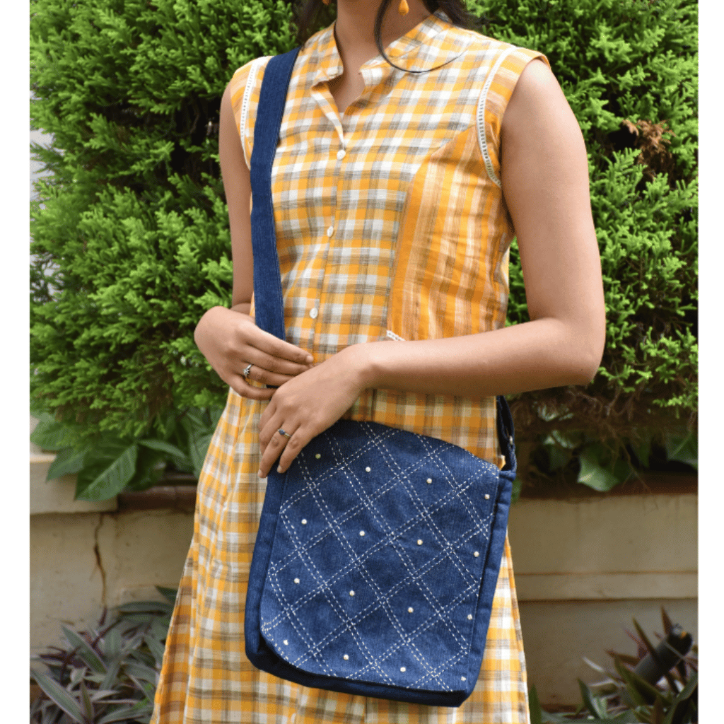 Denim sling bag with embroidery
