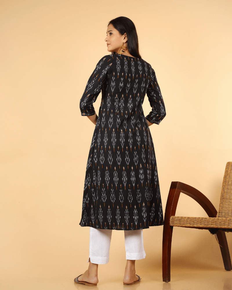 A Line Kurta in Black Ikat Cotton - back