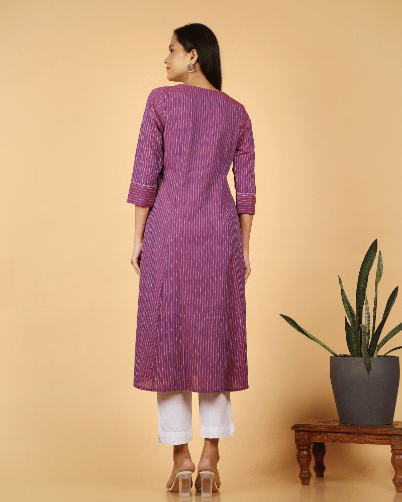 A line Purple Ikat Cotton Kurta with Pleated V Yoke - back