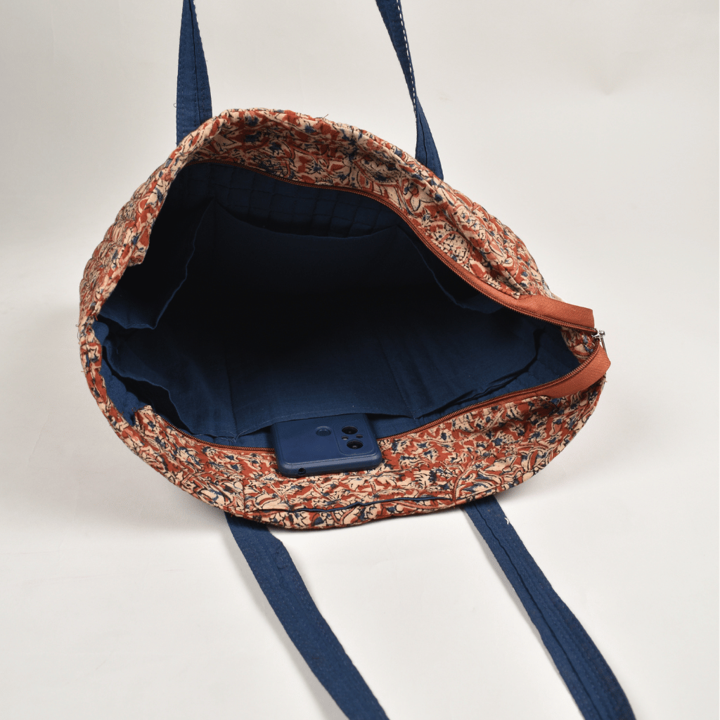 Quilted Red Kalamkari Large Tote Bag - inside