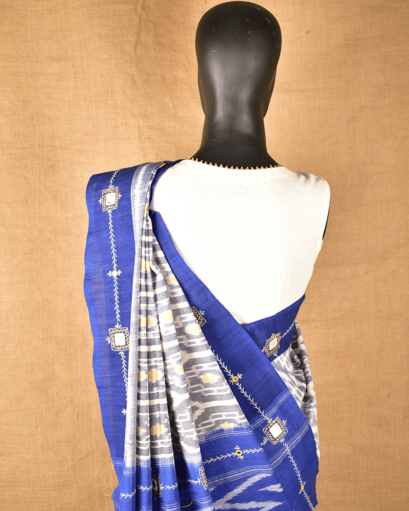 Grey ikat saree with hand embroidery